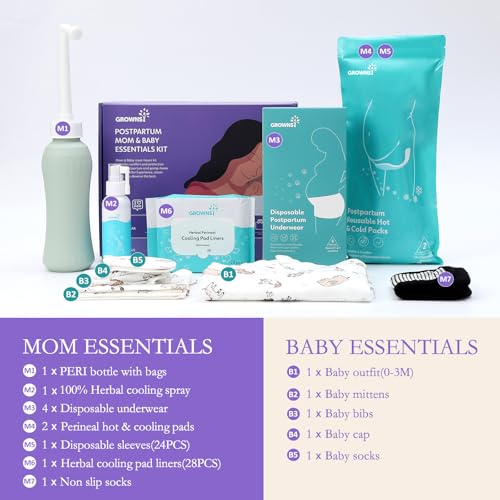 Image of GROWNSY 16pc Postpartum Essentials Recovery Kit for Mom & Baby, Purple | Includes 4 Disposable Underwear, 2 Ice Packs, Peri Bottle, Perineal Spray, 28 Cooling Pad Liners & 5-Piece Baby's Kit Cater