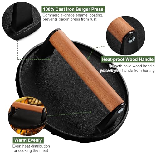EWFEN Burger Press, 7" Round Heavy-Duty Cast Iron Smash Bacon Press Meat Steak with Wood Handle for Griddle, Sandwich, Nonstick Pan by EWFEN - Image 3