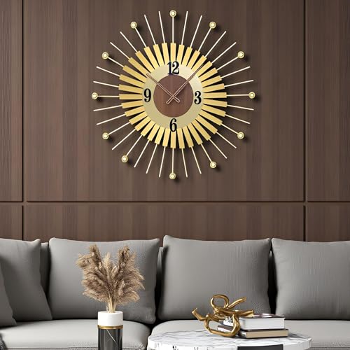XGGJWW 22 Inch Modern Sunburst Wall Clock - Gold Silent Battery Operated Decorative Clock with Walnut Wood for Living Room, Office, Bedroom Decor
