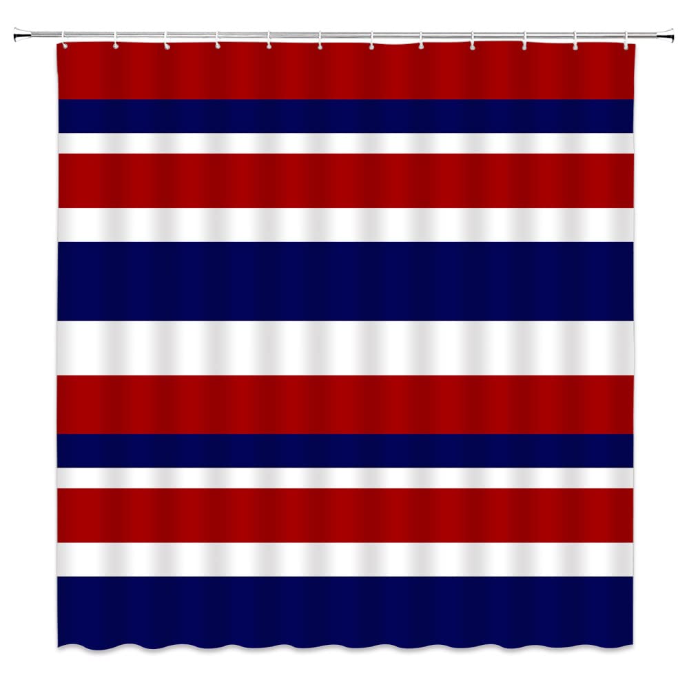 Navy Blue Red White Shower Curtain Geometric Stripes Geometry Lines Nautical Classic Simple Creative Modern Minimalist Polyester Bathroom Curtains