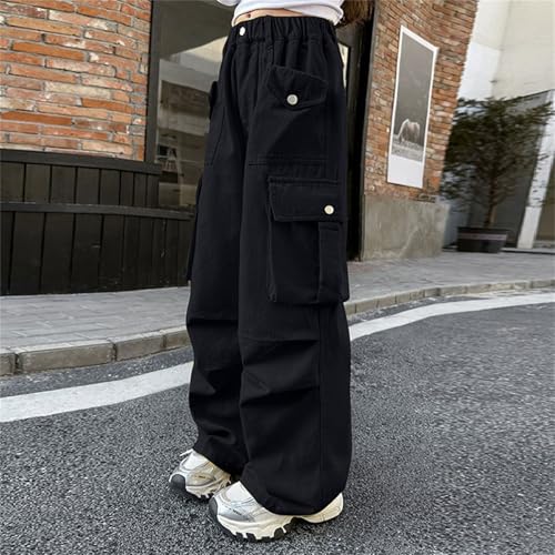 Girls Baggy Cargo Pants Straight Wide Leg Pants Teens High Elastic Waist Loose Fit Solid Color Working Trouser Clothes4