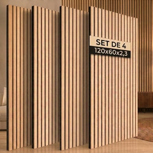 Ediesi, Paneles Acusticos Decorativos 120x60 cm, Revestimiento de Pared en Madera con Listones, Aislante de Ruido, Diseño Moderno para Salon, Oficina o Estudio (Roble, 4 Unidades)