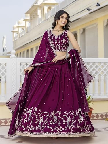 Image of TRENDMALLS Art Silk Embroidery Sequence Work Lehenga Choli Unstitch Blouse With Dupatta For Women (New-Bridal-Latest-Wedding-Sequence-Lehenga-Designer)