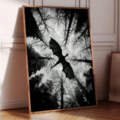 Tableau dragon volant pour mur vide cadre inclus paysage monochrome 50x70 - 3