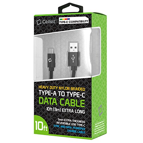 Usb Type C Cable Charger, Cellet Data Sync And Charge 10 Feet Heavy Duty Nylon Braided Fast Usb C Charging Cord Color Black #TOP4