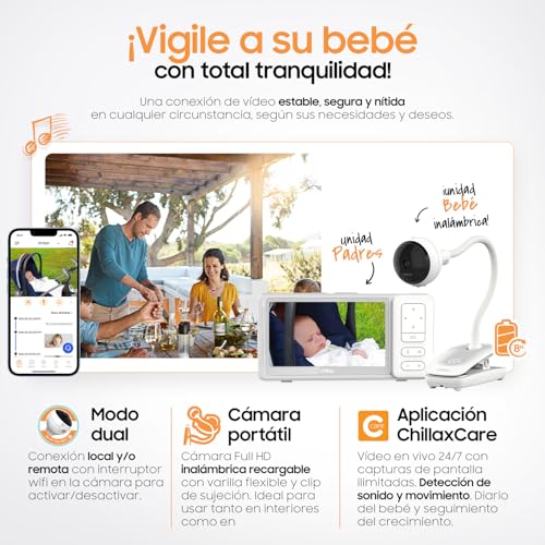 CHILLAX - Vigilabebés Cámara Giraffe Clip Portátil - Pantalla LCD HD 5" - Cámara Full HD 1080p - Varilla Flexible - Visión Nocturna - Walkie-Talkie - WI-FI ON/Off - Alerta Sonido y Movimiento - App - imagen 2