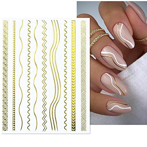 10 Sheets Gold Lines Nail Art Stickers Decal,Metal Geometric Stripe Wavy Line Self Adhesive Nail Decals French Classic Simple 3D Designs Nail Foil Stickers Sliders Manicure Decorations For Women Girls #TOP4