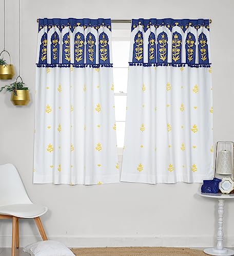 Image of Tranquebar Curtain Co. Pure Cotton Curtains for, 60-65% Room Darkening,Tasseled Lace Ethnic Indian Floral Print (Taj: Navy & Yellow) -5 Feet, 1 Piece (Length 152 cm) - with Back Tab