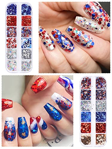 Independence Day Glitter Nail Sequins, Kalolary 4Th Of July Star Glitter Red Blue Silver Holographic Paillette Mixed Sequins For America Patriotic Face Makeup Nail Decoration (Independence Day) #TOP2