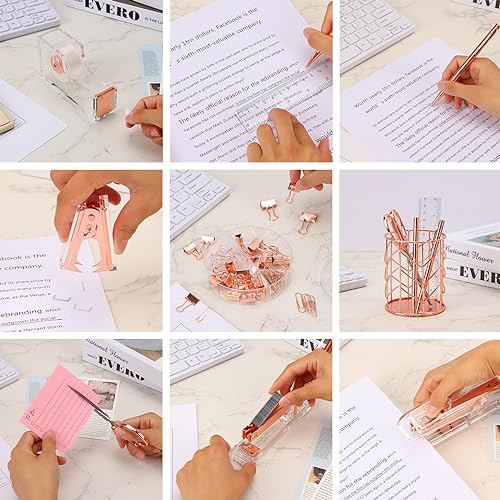 Image of EOOUT Rose Gold Desk Accessories, Office Supplies and Accessories Set, Acrylic Stapler Set, Staple Remover, Phone Holder, Pen Holder, Scissor, Ruler, Transparent Tape