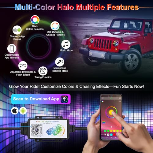 POVTOR 7 Inch RGB Halo LED Headlights for Jeep Wrangler - Image 4