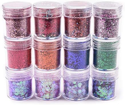 Allwon 12 Boxes Body Glitter Mermaid Dreams Chunky Glitter Sequins Iridescent Flakes Sparkles for Face Eyes Body Hair Nail Art,10ml