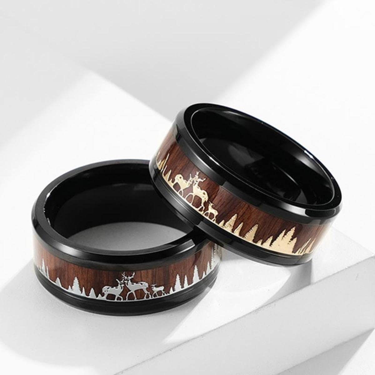 Mode 8mm Männer Schwarz Wolfram Wild Leben Jagd Ring Koa Holz Inlay Hirsch Familie Silhouette Stahl Ring Männer Ehering