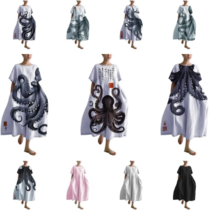 Plus Size Japanese Octopus Painting Maxi Summer Dress Plus for Women Size Casual Crew Neck Dress - Image 4