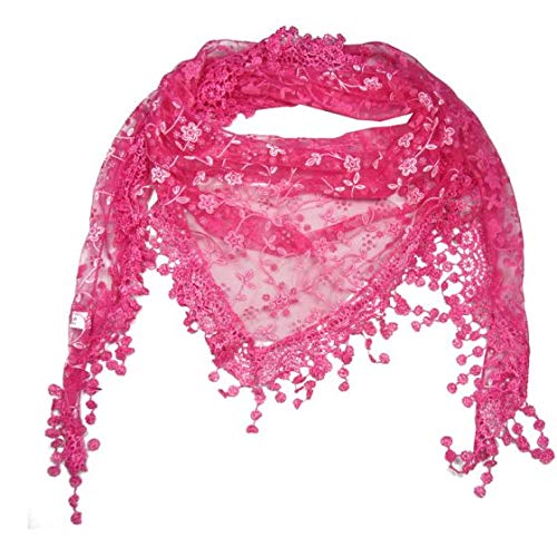 Pamper Yourself Now Women's Fuschia Pink With White Glittery Flower Lace Triangle Scarf With Lace Trim