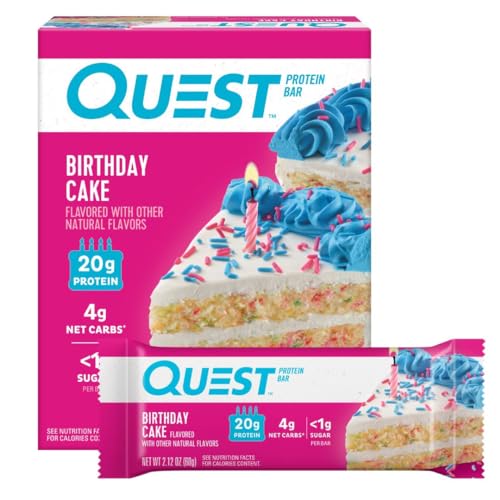 Quest Nutrition Birthday Cake Protein Bars, 20g Protein, 4g net Carbs, 1g Sugar, Gluten Free, Keto Friendly, 4 Count