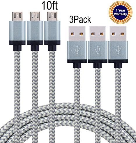 Jricoo Nylon Braided 2.0 Micro USB Charging Cable, 10 Feet, 3 Pack, Gray