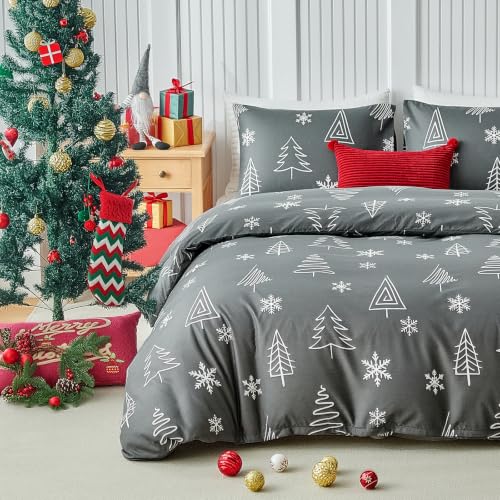 Image of Lekesky Christmas Duvet Cover Queen Size 3-Piece, Minimalist Line Art Xmas