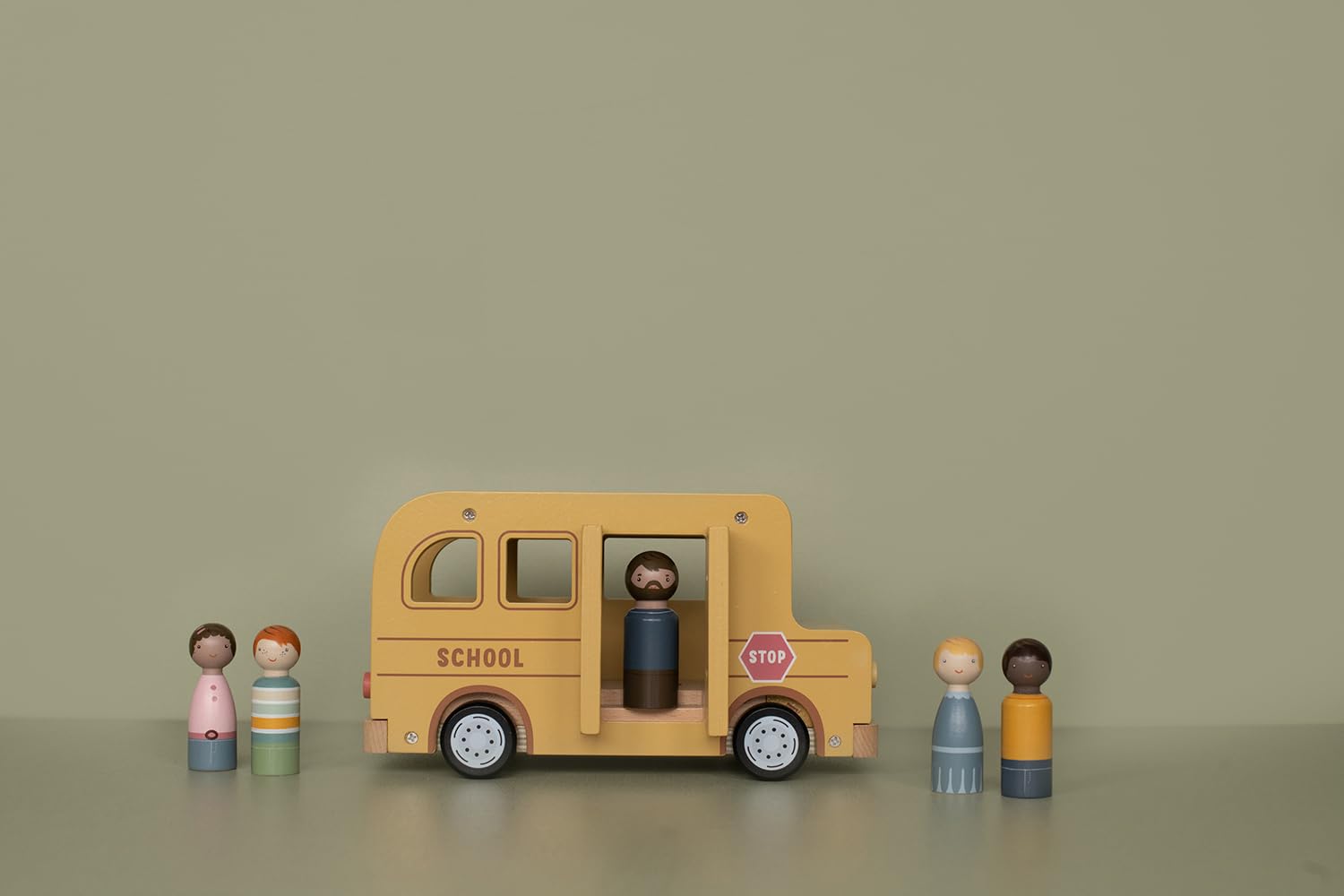 Little Dutch Schulbus Bus Auto inkl. Spielfiguren Holz Kinder - gelb