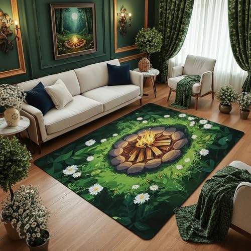 Castle Fairy Campfire Fun Rug 3'x5',Tree Stump Decor Area Rug for Girls Women Men Teens,Woodland Campsite Summer Non Shedding Rug for Bedroom Playroom Living Room,Camper RV Outdoor Adventure