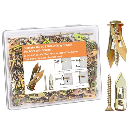 Sunxeke N1-041 160 Pcs Self Drilling Drywall Anchors With Screws 2024 Upgraded Zinc Plated Steel Hollow Wall Anchors(0.47X1.18Inch) And Screws thumb #5