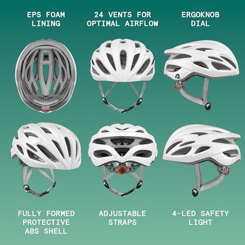 Retrospec Silas Road Bike Helmet With 24 Air Vents & Built-in LED Safety Light - Adjustable Adult Cycling Protection 54-61cm - Padded & Lightweight Design