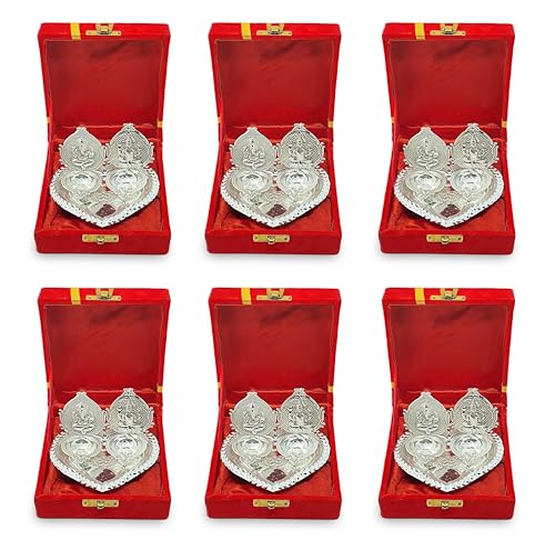 NOBILITY German Silver Diya with Red Velvet Gift Box Ganesh Lakshmi Design Idol Dia Pooja Items Diwali Decoration Puja Gifts Handmade Oil Lamp Traditional Indian Deepawali Gift Items Pack of 6
