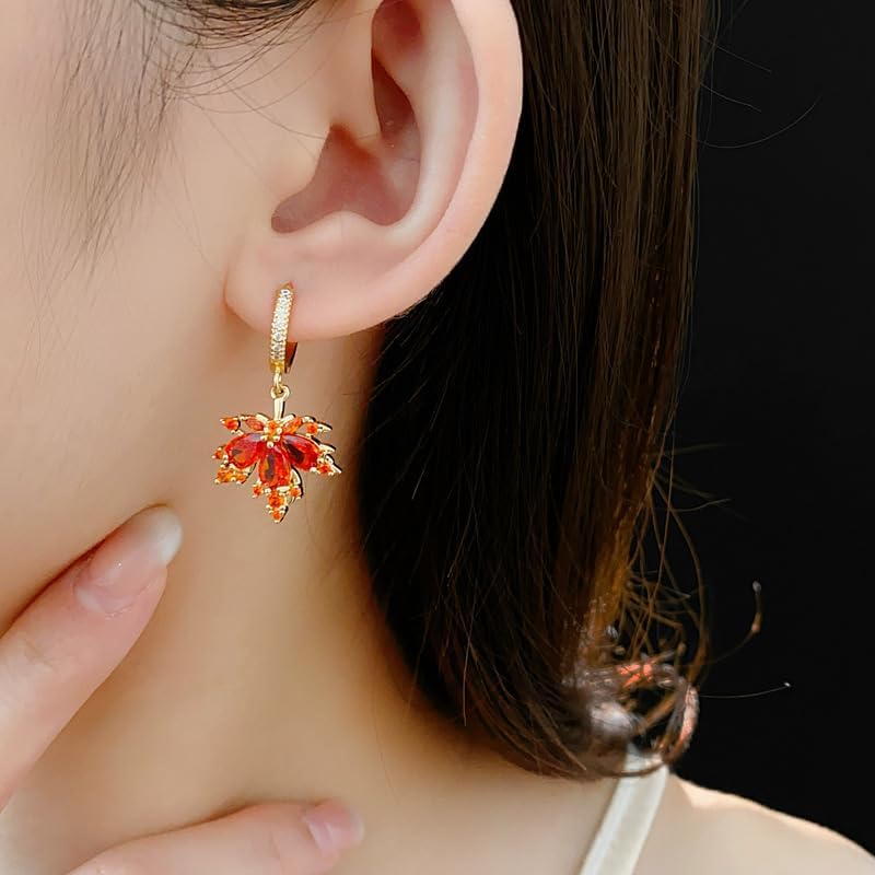 Orange Maple Leaf Dangle Drop Small Gold Hoop Huggie Earrings for Women, Cute Sparkly Crystal Cubic Zirconia Rhinestone Fall Autumn Holiday Accessories Jewelry Gift - Image 2