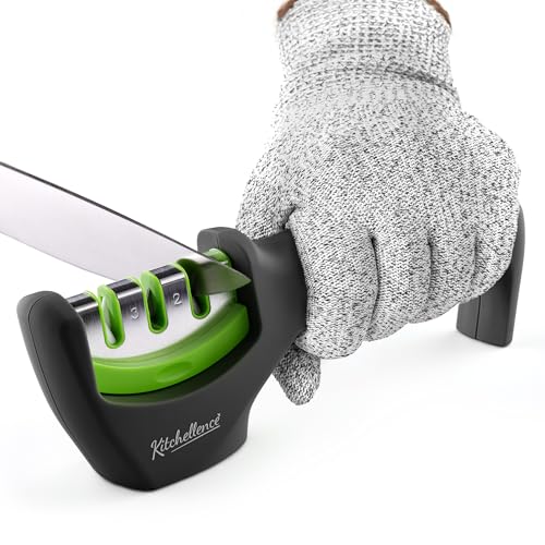 Image of 4-in-1 Kitchen Knife Accessories: 3-Stage Knife Sharpener Helps Repair, Restore and Polish Blades and Cut-Resistant Glove