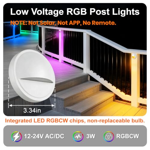Image of RGB Low Voltage Fence Post Lights Wired for Christmas Decorations | 3W 12V RGB Color Changing LED Low Voltage Deck Lights Outdoor for Fence Post Step Railing Dock, Aluminum, White, 12PK