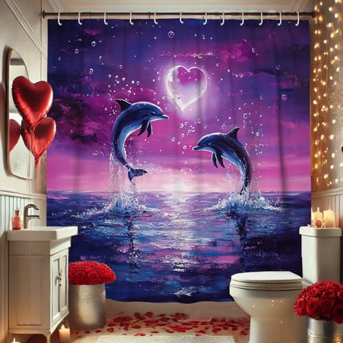 Rideau de douche motif dauphin, violet océan, aquarelle, rideau de douche pour décoration de salle de bain, thème cœur d'été, moderne, esthétique, en...