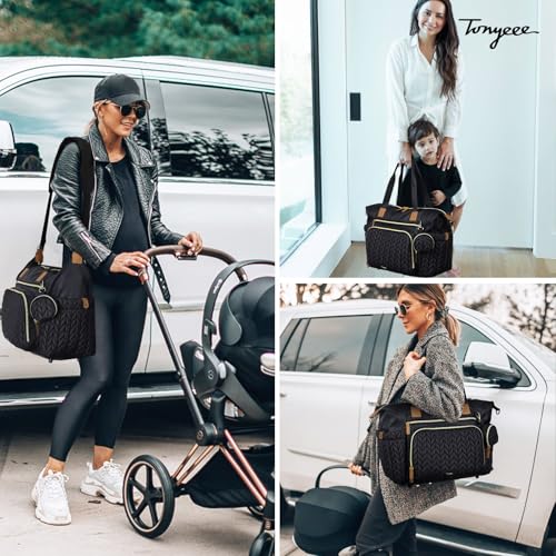 Image of Diaper Bag Tote, Large Baby Hospital Bag for Labor Delivery Mom | Travel Diaper Tote with Changing Pad, Pacifier Case, Insulated Pockets, Luggage Sleeve, Shoulder Strap, Quilted Black
