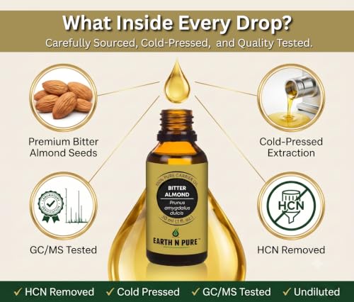 Image of Earth N Pure Bitter Almond Oil for Skin Care, Hair Care & Massage | for DIY, Aromatherapy & Beauty Use | Premium Quality, Cold Pressed, Multi-Purpose Oil 50ml