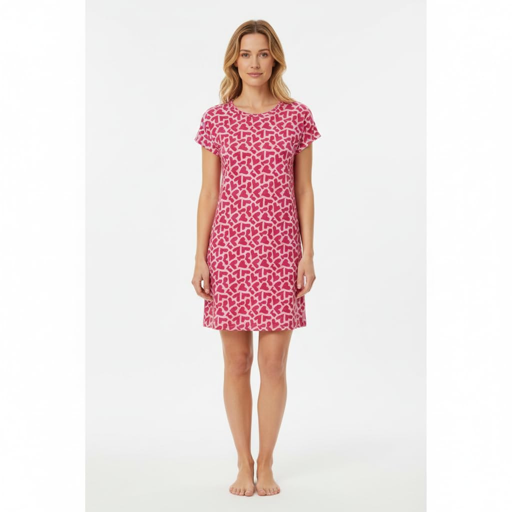 Ringella Maglietta da donna con scollo rotondo, spalla sovrapposta, motivo a cuore, camicia da notte lunghezza al ginocchio, 50% cotone, 50% jersey modal, traspirante e facile da pulire