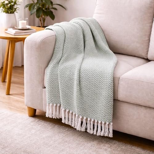 Image of Chevron 78x60 Inch Reversible Cotton Throw Blanket with Tassels| Blanket for Living Room, Sofa, Bed, Chair, Picnic & Used for Gift | Green Narrow Chevron, Size - 200x150 Cm