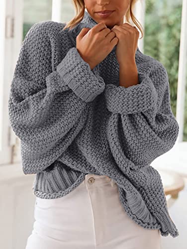 Image of ZESICA Women's Turtleneck Batwing Sleeve Loose Oversized Chunky Knitted Pullover Sweater Jumper Tops,Grey2,XX-Large