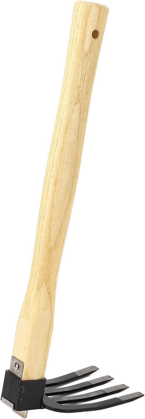 Walfront Hoe Fork Combo Long Wooden Handle Designed Garden Hand Tool with Tail Hole for Digging Cutting Roots Weeding Plowing