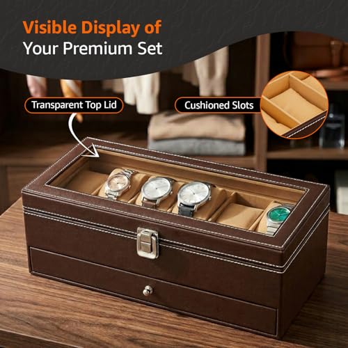 Image of Amazon Basics Sliding Drawer 6-Slot Watch and Jewelry Organizer - Faux Leather & MDF Storage Box for Men and Women, Brown