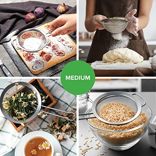 Set Of 3 Stainless Steel Fine Mesh Strainer, 5" 7" 8" Diameter Small Medium Large Mesh Strainers For Kitchen, Food Metal Strainer Sieve Sifter, Pasta Strainer With Handle #TOP4