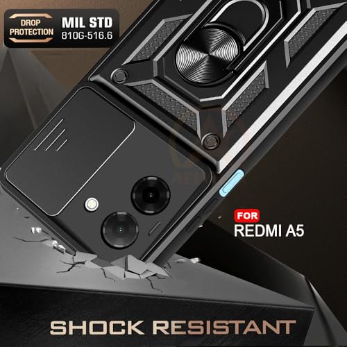 Image of Armor Bumper Back Cover Case for Poco C71 / Redmi A5 Rotating Camera Cover, Ring Holder & Kickstand | Heavy Duty & 360 Degree Protection Poco C71 / Redmi A5 Back Cover (Black)