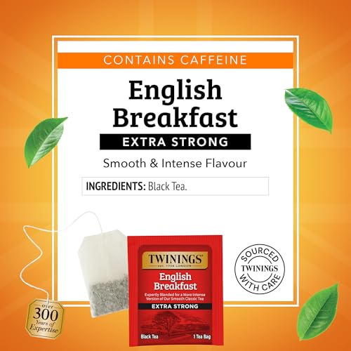 Image of Twinings Extra Strong English Breakfast Black Tea Individually Wrapped Bags, 20 Count (Pack of 3), Robust, Caffeinated, Enjoy Hot or Iced, 20 Teabags