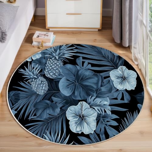 Tapis bleu lavable en machine 160cm rond antidérapant doux