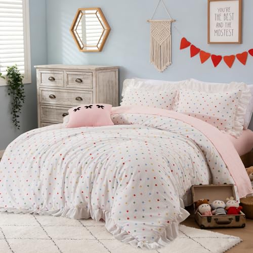 Image of A Nice Night Colorful Heart Love Pattern Bedding Set,Ruffle 6 Piece Bed in a Bag Matching Sheet Set,Princess Chic Style,White Comforter Sets Room Decor for Girls,Twin