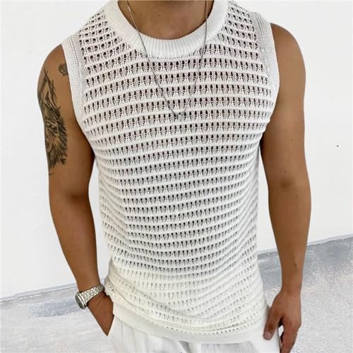 BAIMORE Men's Casual Solid Sleeveless Round Neck Hollow Out Knit Vest Slim Muscle Tank Top2