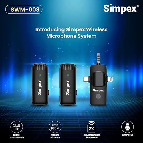 Image of Simpex (SWM-003 Wireless Microphone & amp; Receiver, 2X Mic System, 2.4GHz Frequency, 4Hr Battery, 20m Range, for All Smartphones, Ideal for Voice Recording, & Live Streaming.