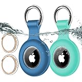 2 Pack,IPX8 Waterproof Airtag Holder[PC+Silicone]with Air Tag Keychain for Apple Air Tags,Full Body Shockproof[Anti-Scratch]Air-tags GPS Item Finders Case for Pets,Bags,Kids,Keys, Luggage-Blue+Green