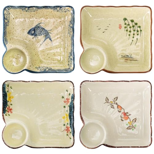 4 Pack 7.3-Inch Ceramic Sushi and Dumpling Plates with Divided Dipping Saucers Japanese Style Chip and Dip Platters for Appetizers Snacks Charcuterie Desserts Salad Party Serving