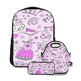 Schulrucksack-Set, Märchenprinzessin Tiara Krone Notizbuch Sketchy Doodle, mit Lunchtasche und Federmäppchen für Mädchen Jungen Teenager niedliche Schultasche wasserdichte Büchertasche