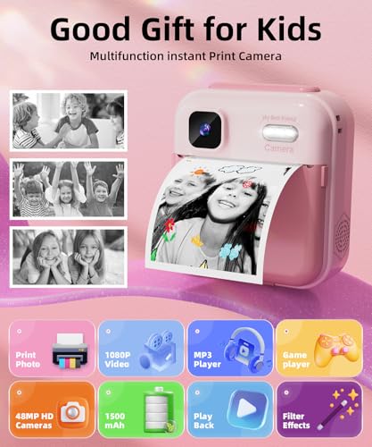 Image of Kids Camera Instant Print for Boys and Girls, 48MP HD Cameras w /1080P Video, Print Paper, 32GB Card, Brush, Christmas Birthday Gifts Toys for Toddler and Teenagers Age 3-16 Years Old (Pink)