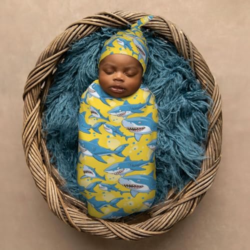 Image of Sharks On Yellow Background Newborn Swaddle Blankets Hat Sets Soft Baby Receiving Blanket Swaddle Sack for Baby Shower Infant Boy Girl Gift